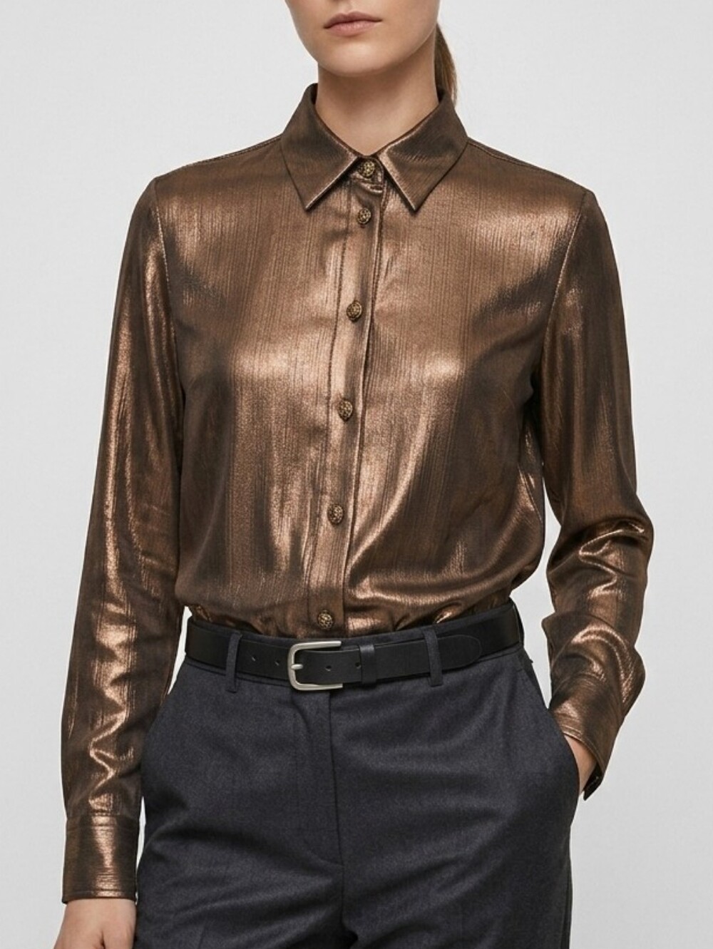 Emotions Metallic Bronze Button-Front Blouse